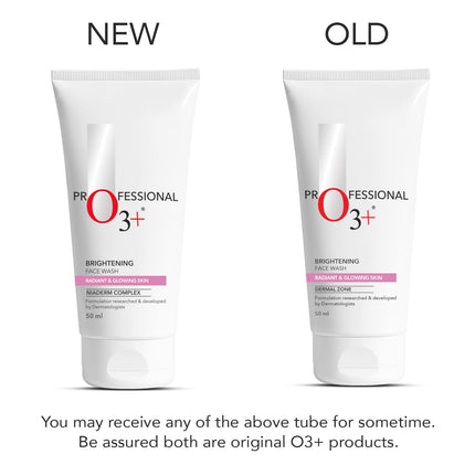 O3+ Brightening Face Wash 50ml – packaging comparison