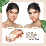 Woman smiling while using Organic Harvest Soft Matte Compact as her go-to organic face compact for a natural matte look.