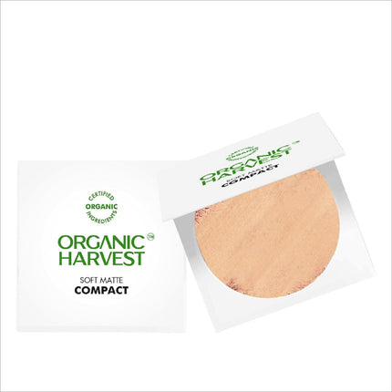Organic Harvest Soft Matte Compact displayed with its unique packaging, a vegan organic face compact that hydrates and protects with almond oil and vitamin C.