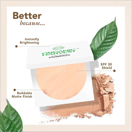 Organic Harvest Soft Matte Compact in hand, showcasing its premium quality as a vegan organic face compact with enriching almond oil.