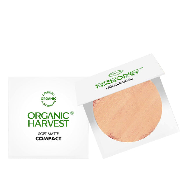 Organic Harvest Soft Matte Compact in Warm Tan shade, a cruelty-free and vegan organic face compact enriched with almond oil and vitamin C, ideal for dark skin tones.