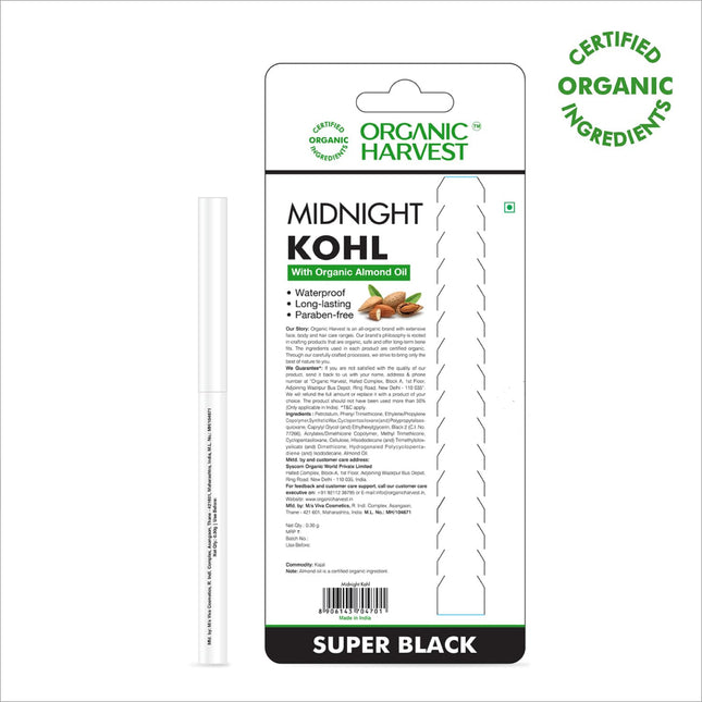 Organic Harvest Midnight Kohl - Intense Black Waterproof Kajal Pencil with smudge-proof formulation for long-lasting wear.