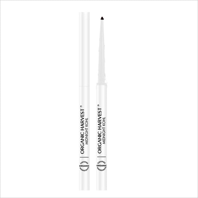 Organic Harvest Midnight Kohl - Intense Black Waterproof Kajal Pencil showcasing its sleek design for precise application.