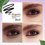 Organic Harvest Midnight Kohl - Intense Black Waterproof Kajal Pencil displayed with an eye makeup look for inspiration.