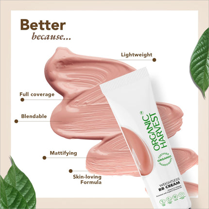 User applying Organic Harvest Weightless BB Cream on the face, showcasing its lightweight formula for daily makeup use.