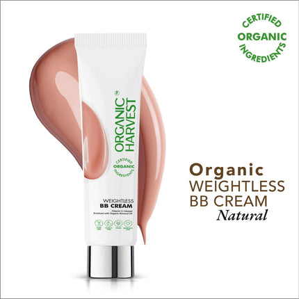 Ingredients of Organic Harvest Weightless BB Cream displayed, emphasizing Almond Oil and Vitamin C for healthy skin benefits.