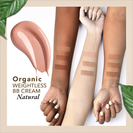 Close-up view of Organic Harvest Weightless BB Cream revealing its light texture and natural finish for medium skin tones.