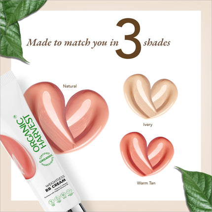 Organic Harvest Weightless BB Cream packaging highlighting its cruelty-free and vegan certification, perfect for eco-conscious consumers.
