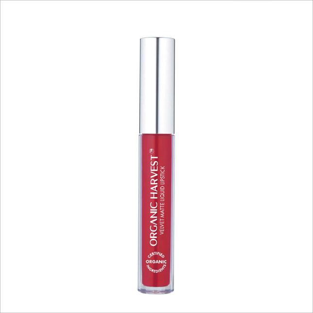 Organic Harvest Velvet Matte Liquid Lipstick showcasing the rich shade of Cinnamon Brown, an ideal organic liquid lipstick for vibrant lips.