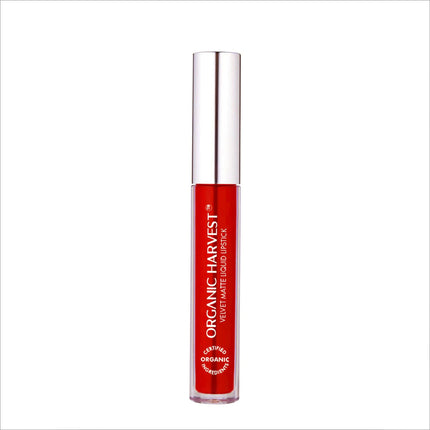 Packaging of Organic Harvest Velvet Matte Liquid Lipstick, emphasizing the certified organic and vegan attributes.