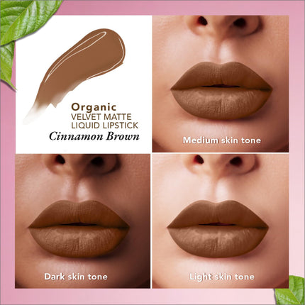 Swatches of Organic Harvest Velvet Matte Liquid Lipstick, demonstrating the depth of the Cinnamon Brown color.