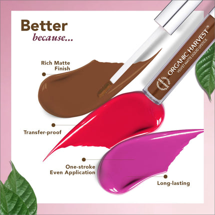 Lifestyle shot with Organic Harvest Velvet Matte Liquid Lipstick, appealing to beauty enthusiasts seeking organic liquid lipstick.