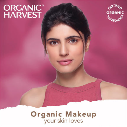 Flat lay of Organic Harvest Moisture Matte Lipstick alongside a beauty routine display, representing an essential organic matte lipstick choice.