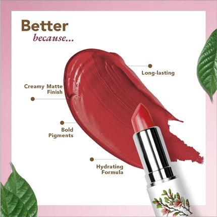 Back of Organic Harvest Moisture Matte Lipstick - Beetroot Red tube displaying ingredient information, for those interested in organic matte lipstick options.