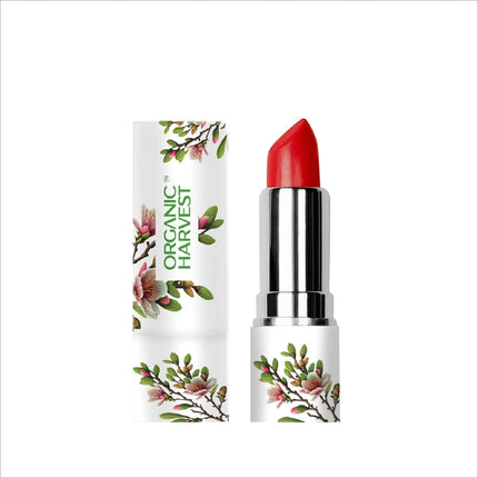 Swatch of Organic Harvest Moisture Matte Lipstick in Beetroot Red on skin, demonstrating the rich color and creamy finish of this organic matte lipstick.