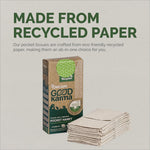 Close-up of Origami Good Karma 3 Ply Eco-Friendly Unbleached Pocket Tissue box highlighting its recycled material. Perfect for eco-conscious consumers seeking a reliable 3 ply tissue pack. Shop now with IKONIC NO COD, new, VEGA NO COD.
