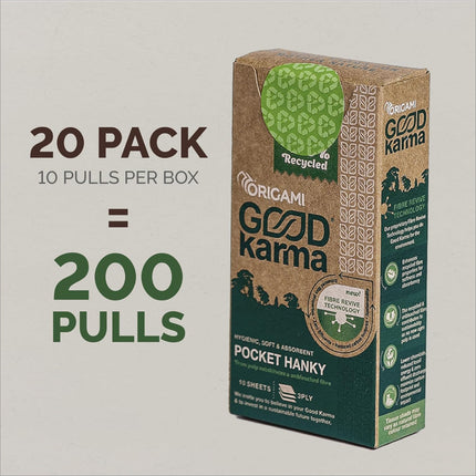 Graphic depicting the packaging details of Origami Good Karma 3 Ply Eco-Friendly Unbleached Pocket Tissue, showing 20 packs with 200 pulls total. Perfect for stocking up on your favorite 3 ply tissue pack. Find it at IKONIC NO COD, new, VEGA NO COD.