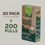 Graphic depicting the packaging details of Origami Good Karma 3 Ply Eco-Friendly Unbleached Pocket Tissue, showing 20 packs with 200 pulls total. Perfect for stocking up on your favorite 3 ply tissue pack. Find it at IKONIC NO COD, new, VEGA NO COD.