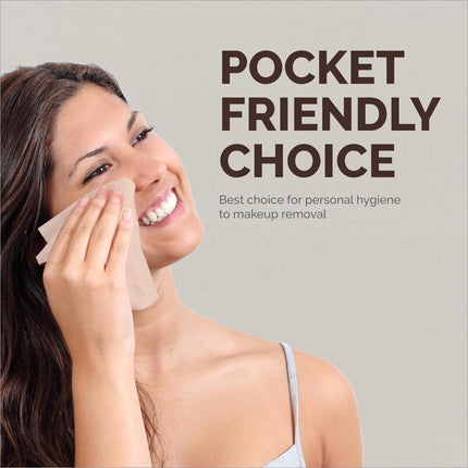 Happy user utilizing Origami Good Karma 3 Ply Eco-Friendly Unbleached Pocket Tissue for makeup removal, showcasing its versatility. A smart choice for a 3 ply tissue pack, discover more at IKONIC NO COD, new, VEGA NO COD.