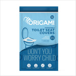 Product packaging of Origami Disposable Toilet Seat Covers, highlighting its easy disposal and eco-conscious features for safe use in various environments.