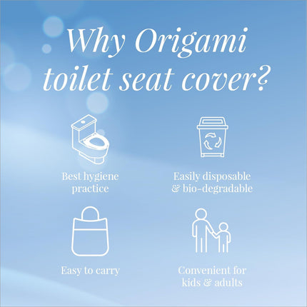 Overview of Origami Disposable Toilet Seat Covers on a bathroom counter, promoting cleanliness and eco-friendly hygiene solutions.