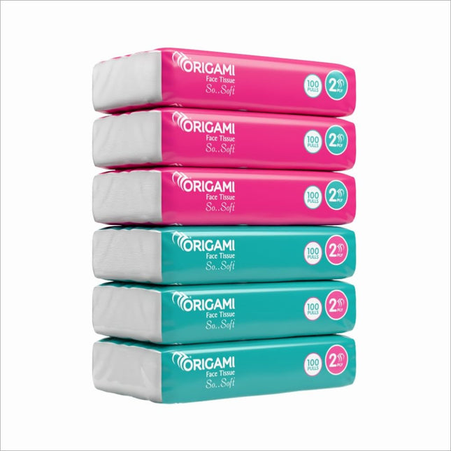 Origami 2-Ply Facial Tissue Box – Soft Pack with 100 Pulls x 6 Packs, showcasing extra soft and highly absorbent soft facial tissues.