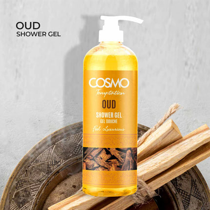 Instructions for using COSMO Temptation Shower Gel - Oud, a nourishing oud shower gel that gently cleanses and revitalizes the skin.