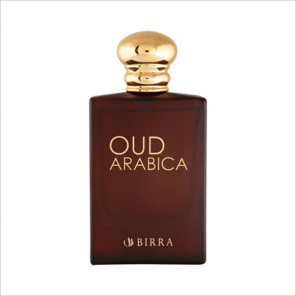 Close-up of the Oud Arabica EDP bottle, featuring a luxurious gold capped design and clear branding on the brown glass.