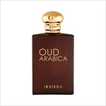 Close-up of the Oud Arabica EDP bottle, featuring a luxurious gold capped design and clear branding on the brown glass.