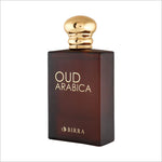 Side view of the Oud Arabica EDP bottle showcasing its elegant shape and sophisticated branding details from BIRRA.