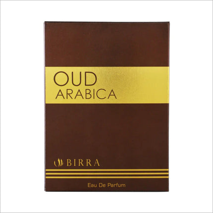 Front view of the Oud Arabica EDP packaging, highlighting the gold and brown color scheme with the brand name BIRRA prominently displayed.