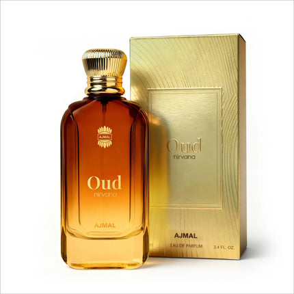 Close-up view of Oud Nirvana Perfume bottle, showcasing its elegant design and branding by AJMAL.