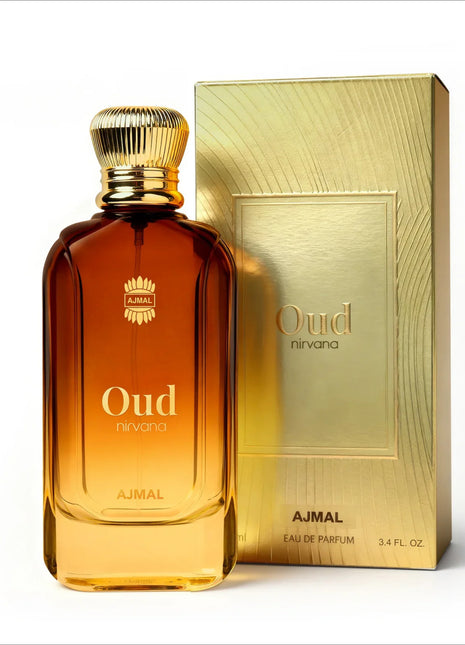 Close-up view of Oud Nirvana Perfume bottle, showcasing its elegant design and branding by AJMAL.