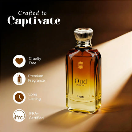 Oud Nirvana Perfume in an elegant setting, demonstrating the luxurious experience of wearing oud nirvana perfume.