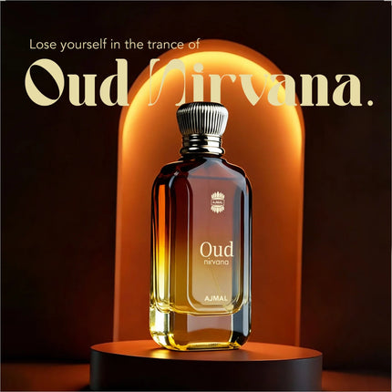 Product packaging of Oud Nirvana Perfume 100 ML for Men & Women, emphasizing the quality and craftsmanship by AJMAL.