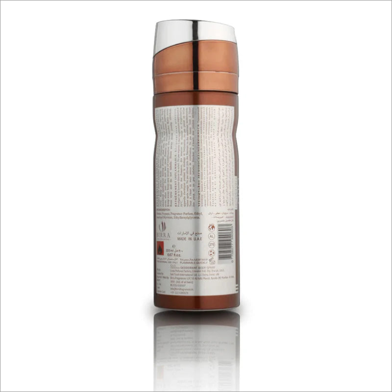 Back view of Oud Obsession deodorant bottle by BIRRA, showcasing detailed labeling and information. The sleek design features a metallic cap and a brown cylindrical body, reflecting a premium aesthetic.