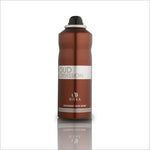 Front view of Oud Obsession deodorant body spray by BIRRA, emphasizing the elegant design with a matte brown finish and a clear label displaying the product name and description. Ideal for showcasing luxury body care.