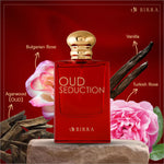 Oud Seduction perfume with elements representing its fragrance notes: Bulgarian Rose, Turkish Rose, Agarwood (Oud), and Vanilla against a rich red backdrop.