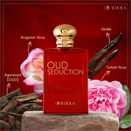 Oud Seduction EDP bottle displayed next to its retail packaging, showcasing the premium design and branding by BIRRA.
