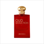 Oud Seduction EDP bottle featuring a luxurious golden cap and red glass design, 50ml premium perfume by BIRRA.