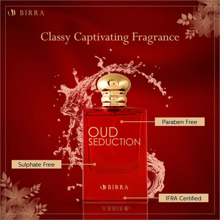 Oud Seduction fragrance advertisement highlighting key features: Paraben Free, Sulfate Free, and IFRA Certified around a red-themed background.
