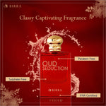 Oud Seduction fragrance advertisement highlighting key features: Paraben Free, Sulfate Free, and IFRA Certified around a red-themed background.