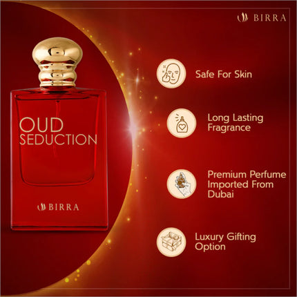 Oud Seduction EDP promotional image showcasing key benefits: skin safety, long-lasting fragrance, premium import from Dubai, and luxury gifting option.