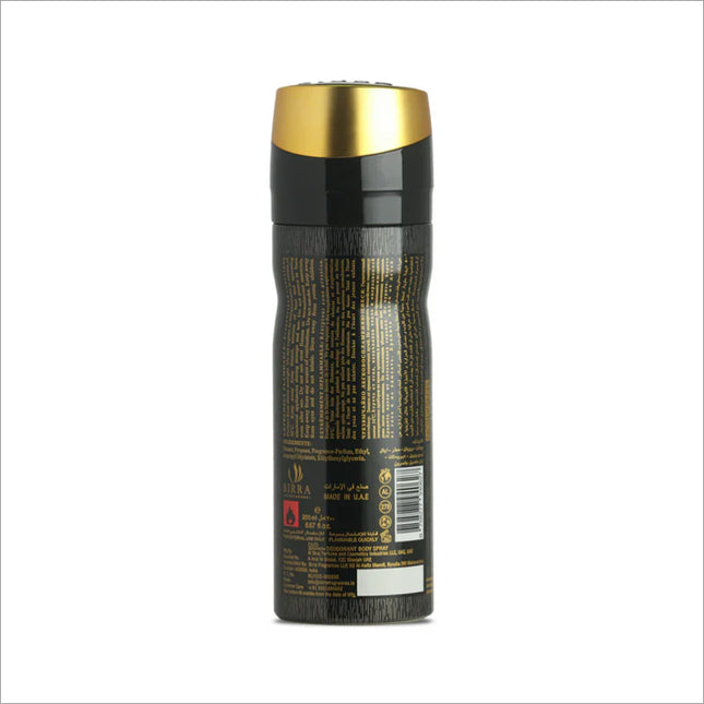 Back view of the Oud Sensation deodorant spray by BIRRA, showcasing the detailed ingredient list and product information. The black bottle with gold accents reflects its premium quality, designed for long-lasting fragrance.