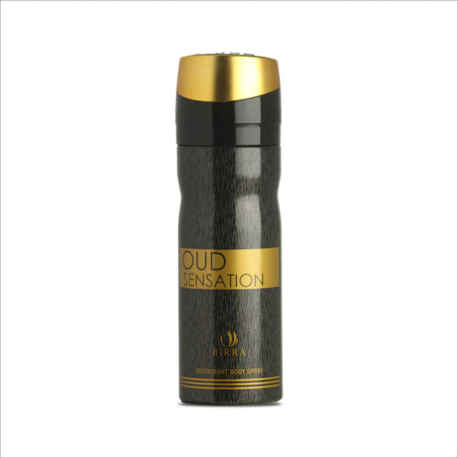Oud Sensation deodorant spray from BIRRA, featuring a sleek black bottle with a gold cap. The label displays the product name 'Oud Sensation' prominently, indicating it's a premium deodorant for a luxurious scent experience.
