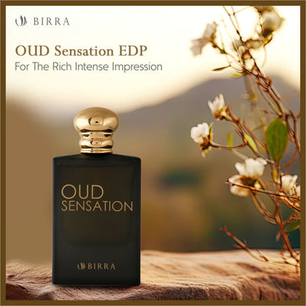 Oud Sensation EDP displayed outdoors against a natural backdrop, highlighting its rich and intense impression.