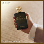 Oud Sensation EDP in a hand, illustrating a sophisticated lifestyle choice with the tagline 'Spice Up Your Aura'.