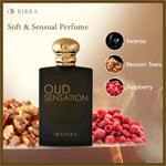 Oud Sensation EDP showcasing its soft and sensual fragrance notes of incense, benzoin tears, and raspberry.
