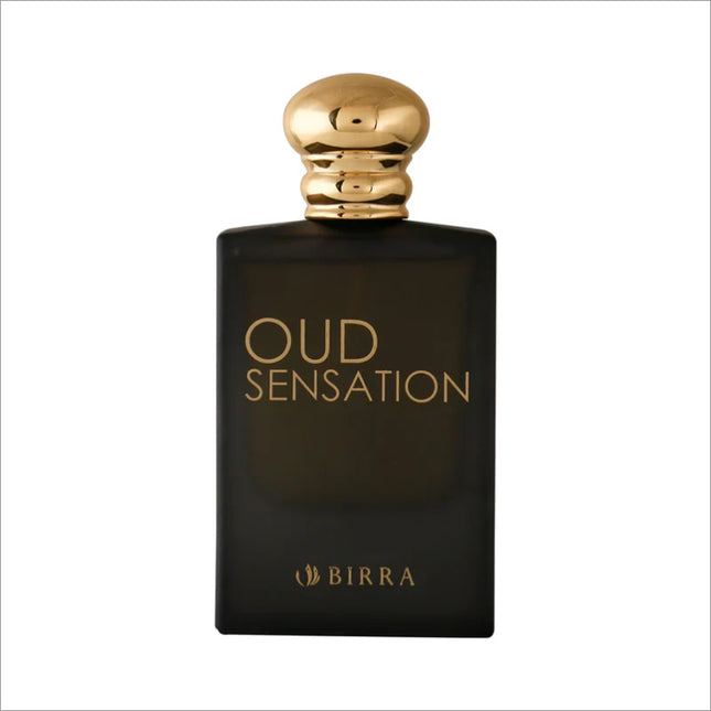 Oud Sensation EDP 50ml bottle by BIRRA featuring a sleek black design with gold accents.