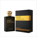 Oud Sensation EDP 50ml bottle alongside its stylish packaging, indicating premium quality and elegance.